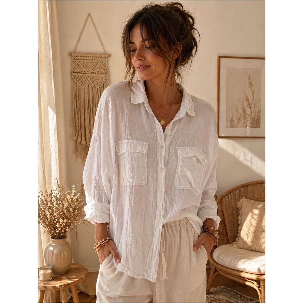 Acoa White Linen Button Down Shirt
